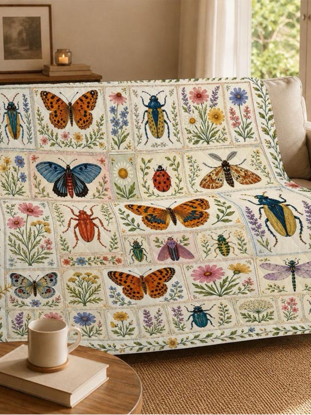 Botanical Insect Jacquard Throw Blanket - Cream Multi